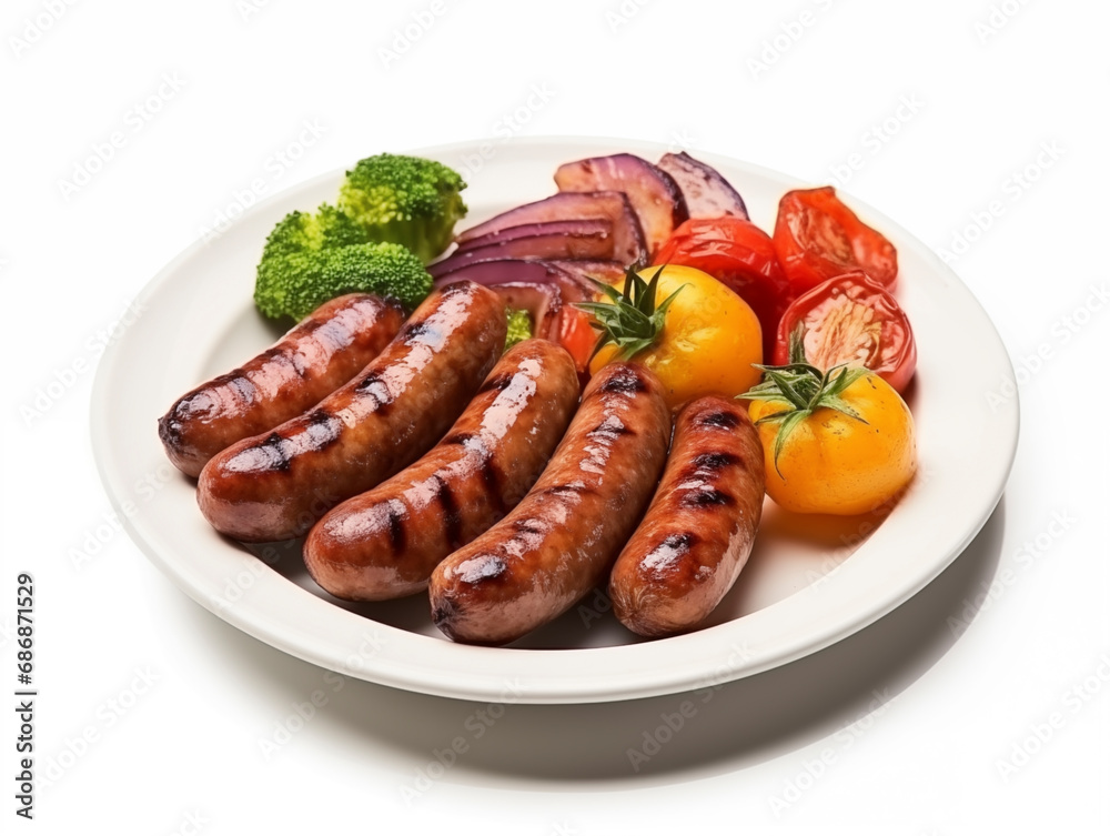 Grilled sausages with vegetables on the white plate on white isolated background Grilled sausages with vegetables on the white plate on white isolated background