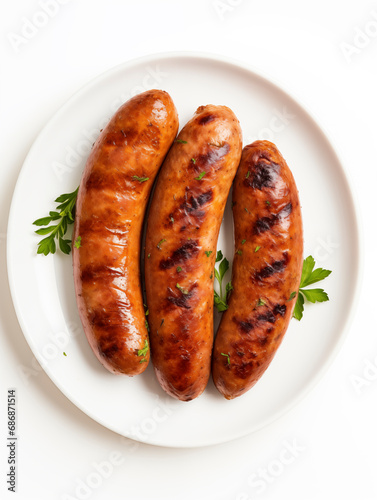 Grilled sausages on the white plate on white isolated background