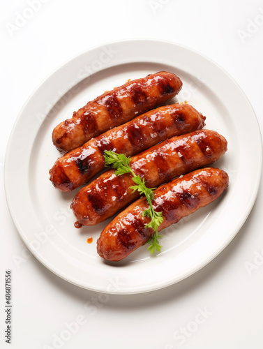 Grilled sausages on the background of grill grilles on white isolated background