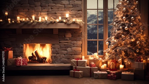 Cozy christmas scene with decorations, a warming fireplace and a christmas tree, Happy christmas, Family waiting for rest. December holidays, winter, warm indoor. Snow falls.