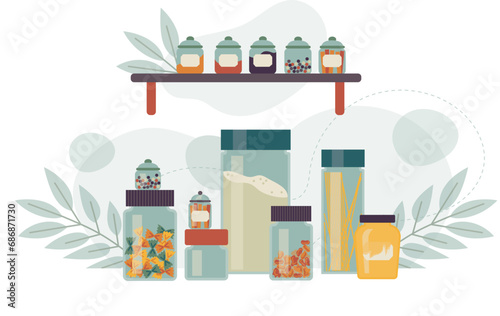 Bundle of masson jars with flour, pasta, spices. No plastic kitchen. Vector illustration separated items. 