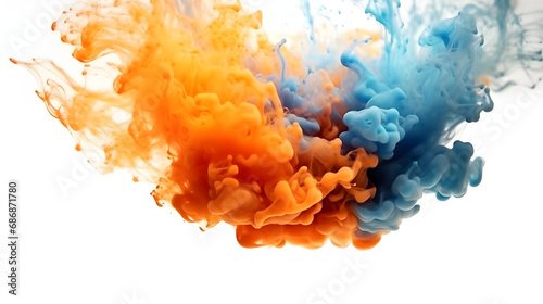 Blue and Orange smoke cloud  aqua color explosion on white background 
