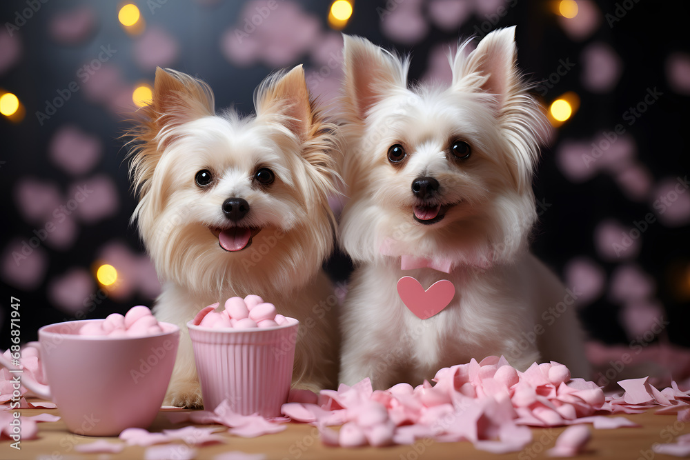 Studio photogaphy of a romantic couple of dogs. Valentine's concept. Romantic theme.