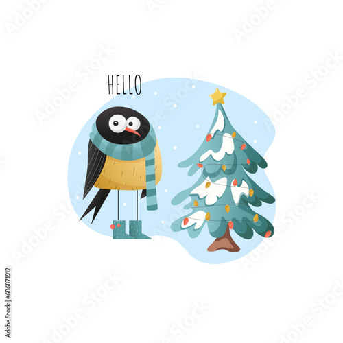 Penguin in the winter background with christmas tree and lights. Winter landscape in flat illustration. Cute character design