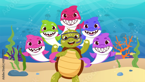 Jolly Turtle and funny sharks underwater. Turtle in glasses near colorful sharks. Poster for kids. Nautical and marine dwellers and animals. Cartoon flat vector illustration