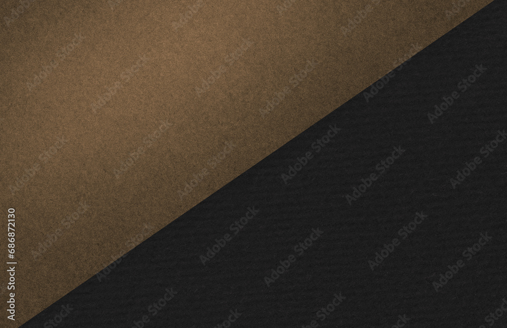 BLACK AND BROWN paper background. Two colored pastel sheets of paper diagonally. Craft paper for background. High quality texture in extremely high resolution. Scrapbook. Rustic texture. Top View