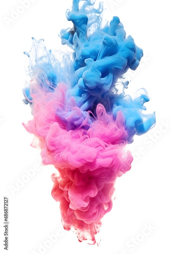 Pink and blue smoke explosion on white background 