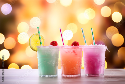 Set of of pastel cocktails with Festive Lights. Three party cocktails, complete with playful straws and a berry garnish, are lined up against a backdrop of glowing, festive bokeh backdrop