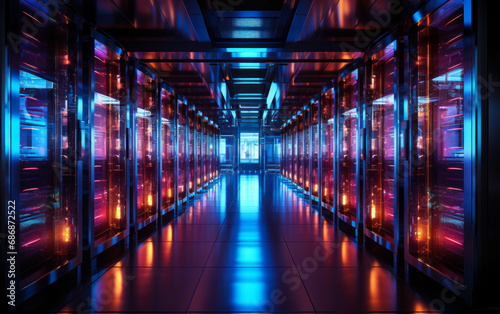 Server room with dark room. A long hallway with many rows of servers
