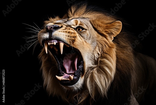 lion yelling on a black background with open mouth, fine art, realist detail, art of the ivory coast