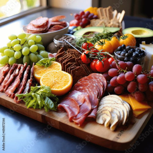 Charcuterie board with meats and fruits