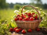 Close-up shot of strawberries in a basket, bathed in warm sunlight, evoking a sense of summer freshness and sweetness.