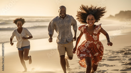 A joyful scene of a father, mother, and daughter running towards the ocean on a sunny beach day, a parked car visible in the background, all three in beach attire with smiles on their faces photo
