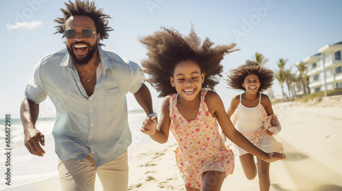 A joyful scene of a father, mother, and daughter running towards the ocean on a sunny beach day, a parked car visible in the background, all three in beach attire with smiles on their faces