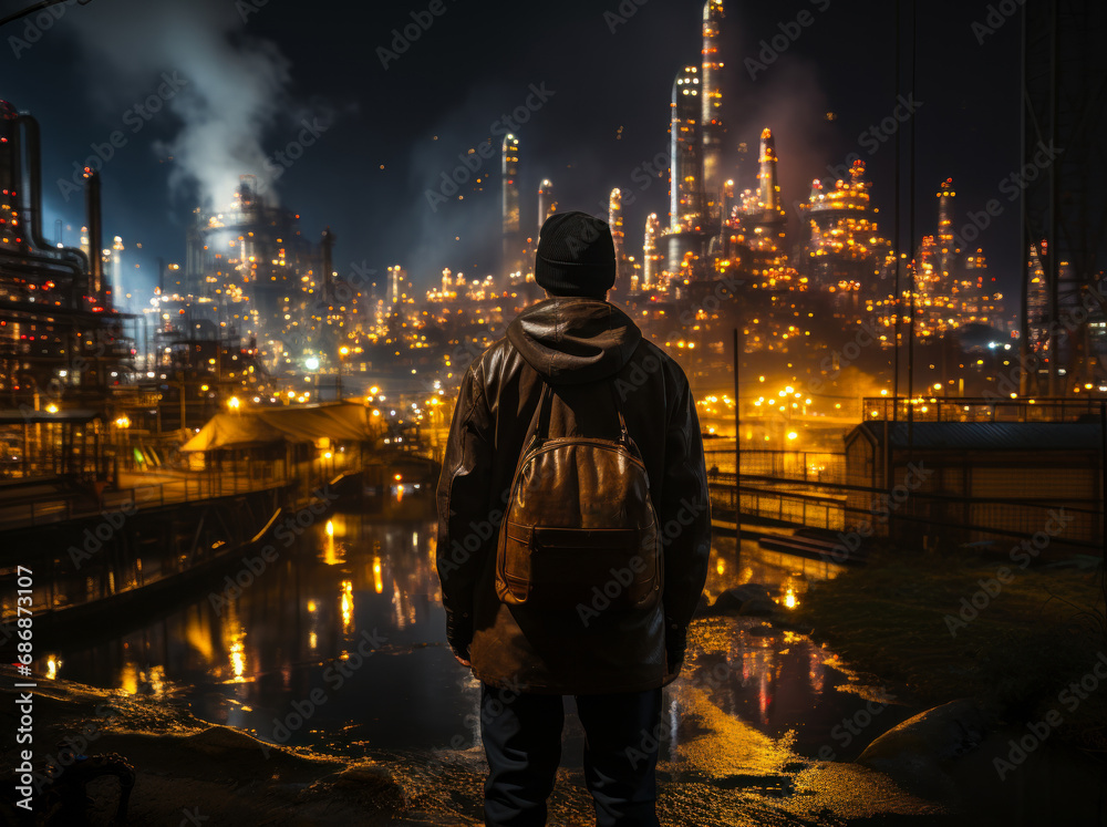 Worker standing by oil refinery. A man standing in front of a city at night