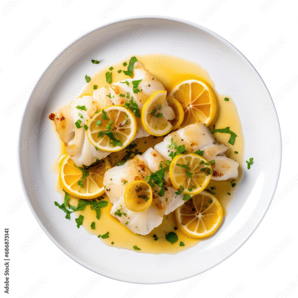 A Plate of Baked Cod with Lemon Sauce Isolated on a Transparent Background
