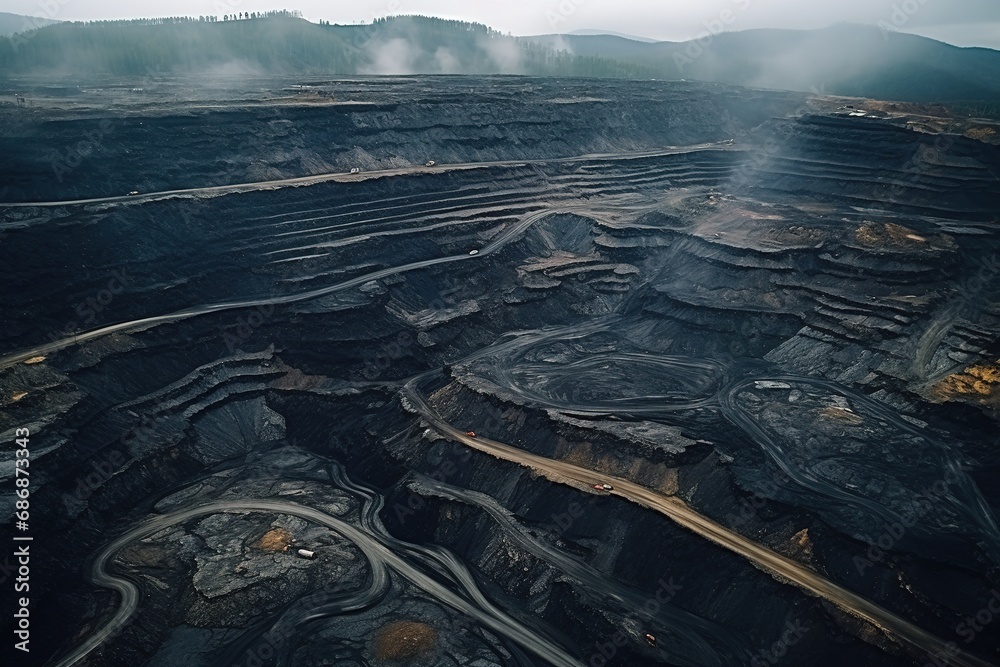 Coal mining from above. Open pit mine, extractive industry for coal, top view - obrazy, fototapety, plakaty 