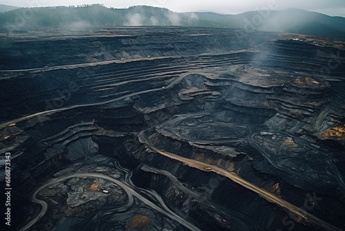 Coal mining from above. Open pit mine, extractive industry for coal, top view photo