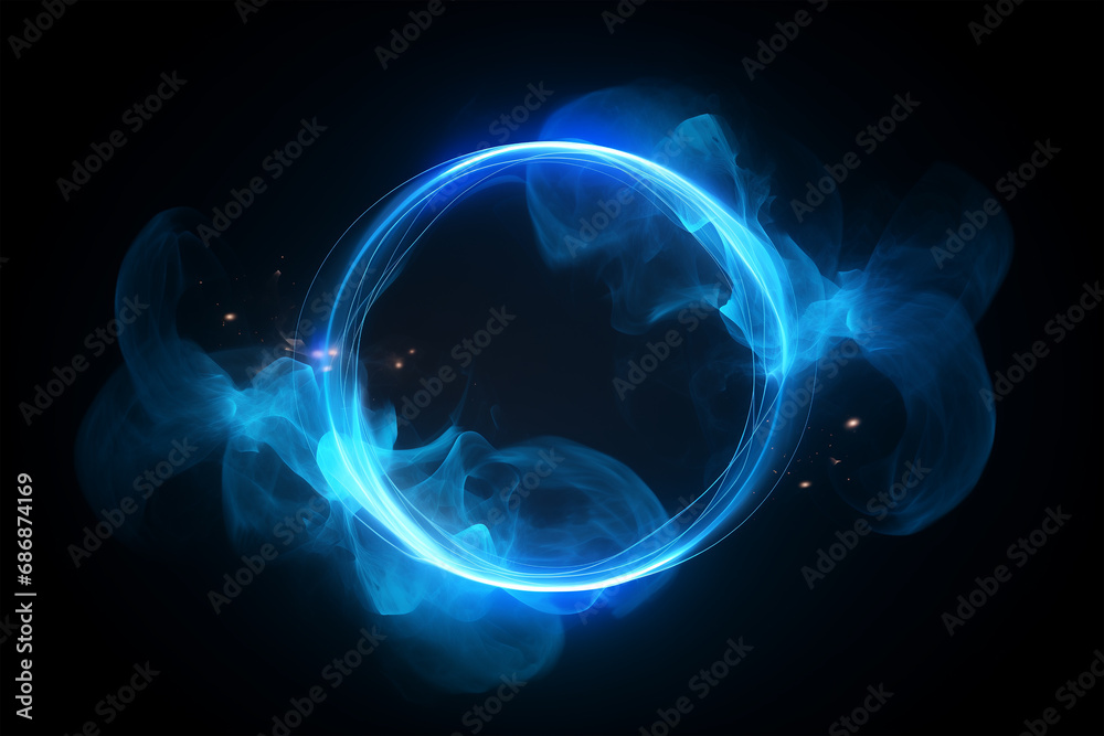 A glowing blue neon smoke ring in a star-speckled dark universe mockup for logo - obrazy, fototapety, plakaty 