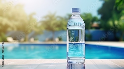 Transparent plastic bottle of water against the background of the pool photo