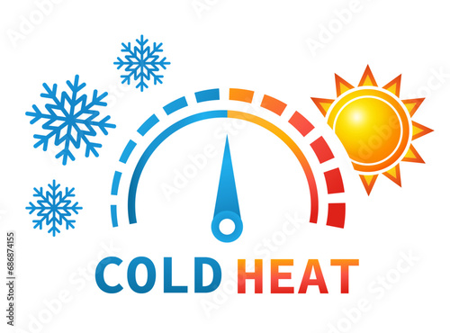 Heat and cold, heating, cooling scale, high and low temperature change regulation, climate control system icon. Snow winter, sun summer weather. Cooler, heater indicator. Warm and freeze level. Vector