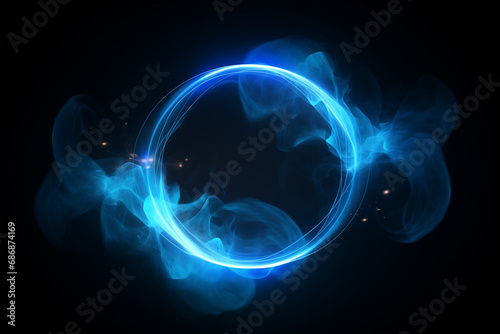 A glowing blue neon smoke ring in a star-speckled dark universe mockup for logo photo