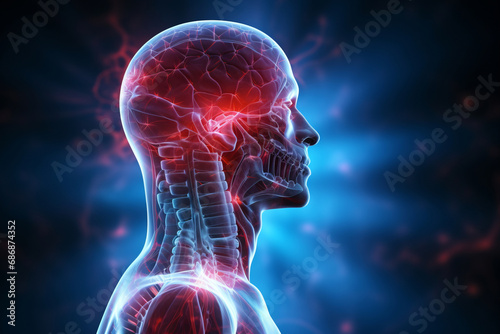 3D side image of human head with luminous brain network, electrical activity, flashes and lightning on black background. Thinking process, neural connections. Mental health, brain diseases concept.