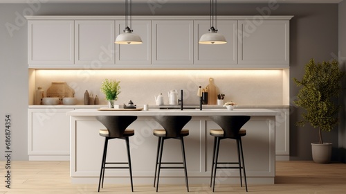 Light kitchen interior with bar countertop chairs and sink with kitchenware