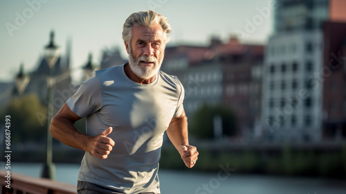 Portrait of smiling senior man running jogging for healthy fitness lifestyle on blurred background