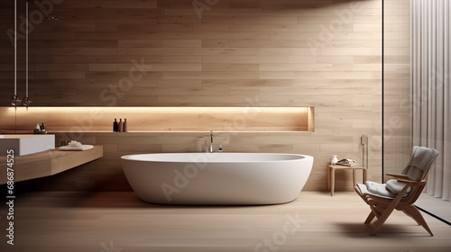 Luxurious minimalist bathroom with wooden wall