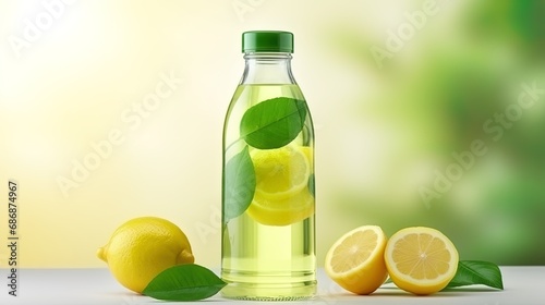 A bottle of water with lemon on a light background with vitamins