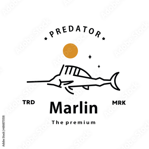 vintage retro hipster marlin logo vector outline monoline art icon