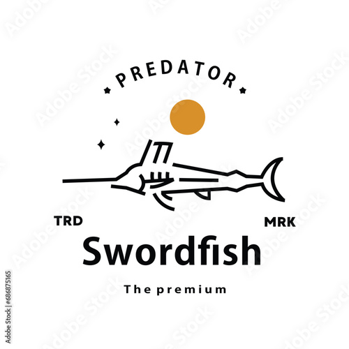 vintage retro hipster swordfish logo vector outline monoline art icon