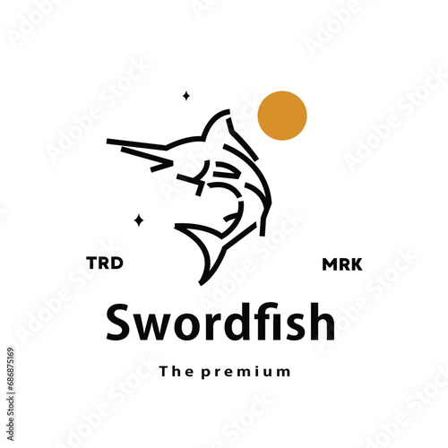 vintage retro hipster swordfish logo vector outline monoline art icon