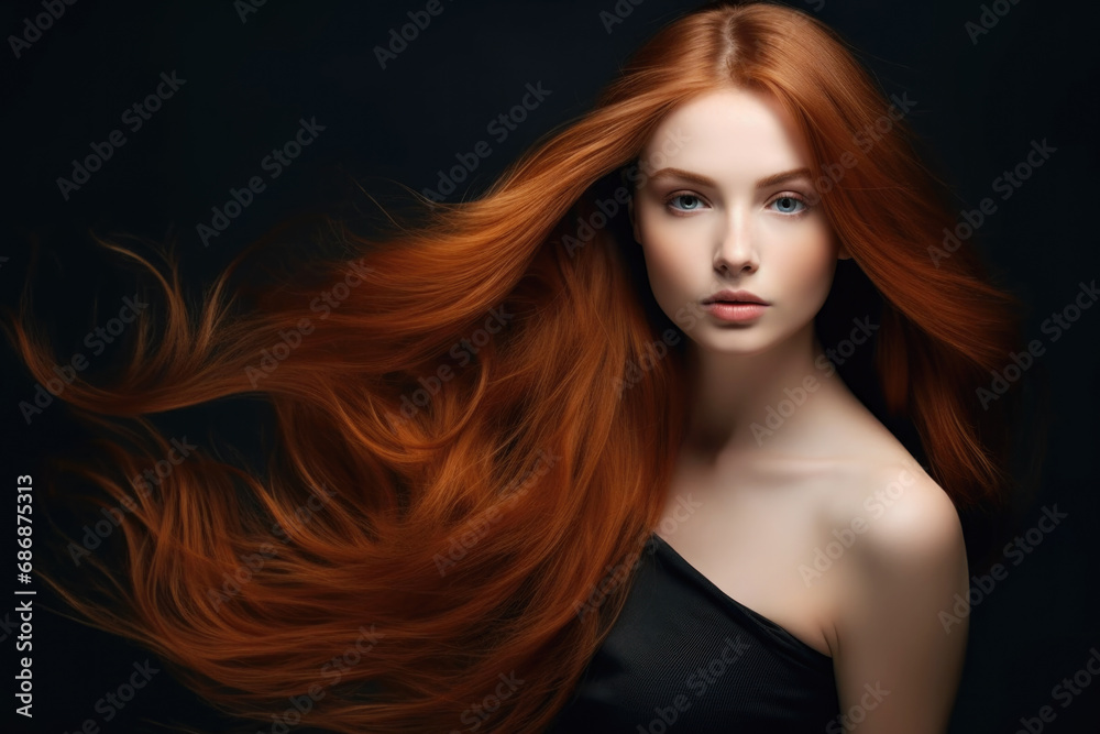 Portrait of Beautiful Woman with Long Straight Red Hair Flying in the Wind Portrait of Beautiful Woman with Long Straight Red Hair Flying in the Wind