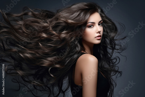 Portrait Profile of Beautiful Brunette Woman with Long Curly Wavy Hair. Hair Flying in the Wind. Copy Space