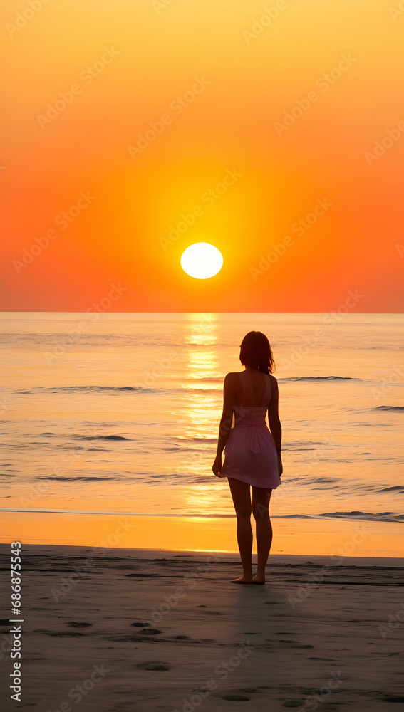 silhouette of a woman on the beach at sunset