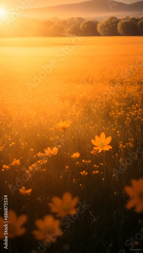 sunset over a field of flowers in spring 