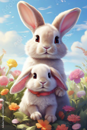rabbits on the background of a spring meadow graphics