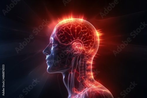 3D side image of human head with luminous brain network, electrical activity, flashes and lightning on black background. Thinking process, neural connections. Mental health, brain diseases concept.