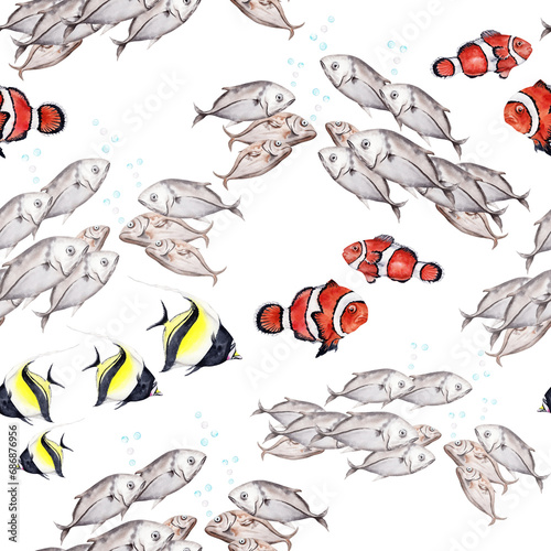 Seamless pattern with tropical reef fishes. Anemone fish. Hand drawn watercolor illustration isolated on transparent background. For diving shops brochures  wrapping and wallpaper  cards  textile