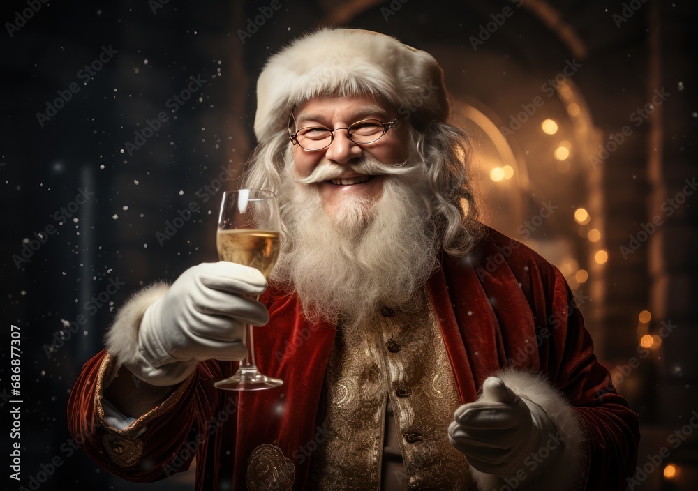 Joyful Santa Claus with a glass of champagne