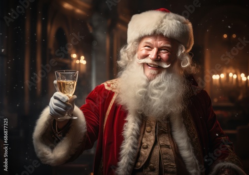 Joyful Santa Claus with a glass of champagne
