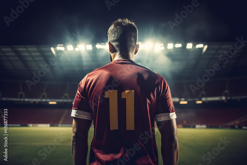 Half-length shot from behind of professional soccer player on the field of huge football stadium under the evening lighting. Determined male athlete ready to take to the field for championship match.