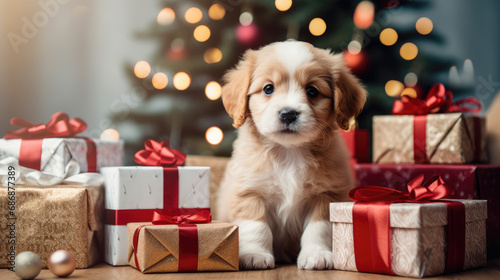 A cute puppy wearing a Santa hat and sitting next to a pile of gifts. light backgroud