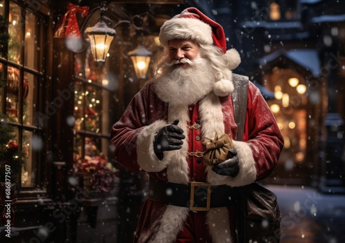 Santa Claus with gifts in the night city