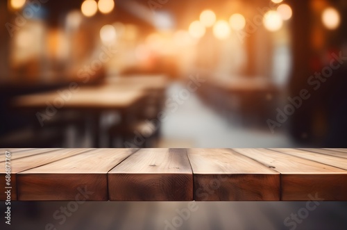 Empty wooden table with blurred bokeh background. Cafe background. Generative AI