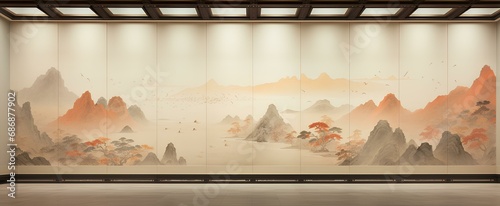 Minimalist Song dynasty mural, Heian period, Zen, dark orange and light beige style, elegant landscape painting, fine brushwork style, eastern aesthetics. generative AI photo