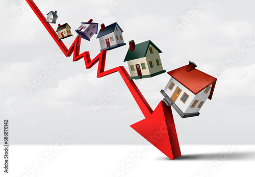 Falling House Prices and Home prices fall and Real Estate decline or Home price reduction and housing devalued market and mortgage Subprime lending financial turbulence and house debt crisis as an eco photo
