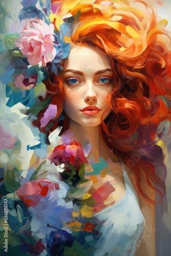 Beautiful Caucasian woman with red hair and flowers. Romantic lady. Rainbow illustration in style of oil painting. Postcard, greeting for International Women's Day. Wall decor, cover, print. Vertical